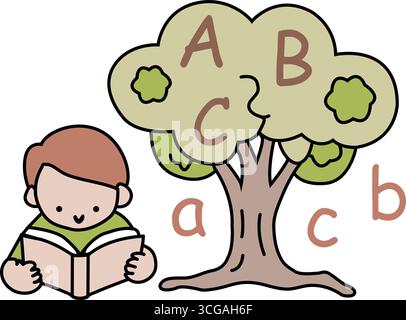 ABC Tree Learning Illustration – Child Reading Under Alphabet Tree. Happy Literacy day Stock Vector