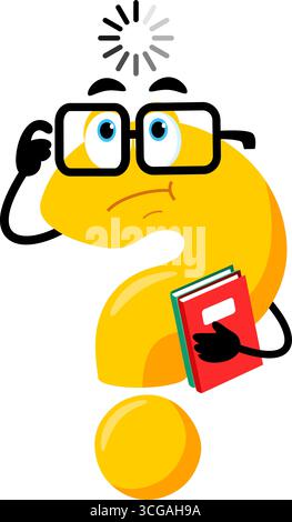 Cute Yellow Question Mark Cartoon Character Holding A NoteBooks And Thinks. Vector Illustration Flat Design Isolated On Transparent Background Stock Vector