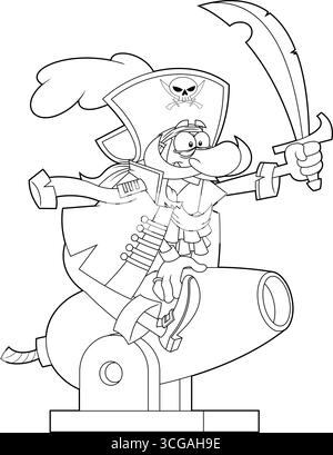 Outlined Funny Pirate Cartoon Character Brandishing Sword Sitting On Cannon. Vector Hand Drawn Illustration Isolated On Transparent Background Stock Vector
