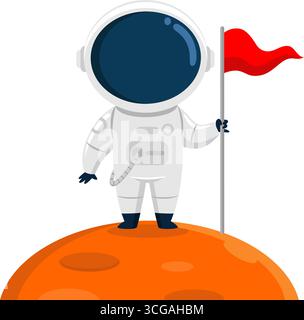 Cute Astronaut Cartoon Character Standing On A Planet And Holding Flag. Vector Illustration Flat Design Isolated On Transparent Background Stock Vector