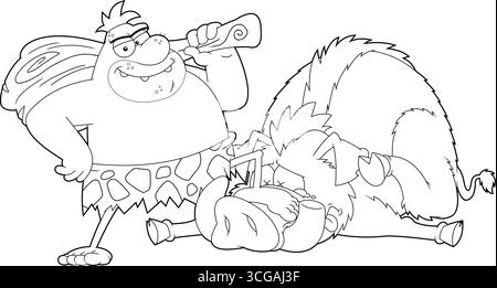 Outlined Happy Caveman With Club And Trophy Boar Cartoon Characters. Vector Hand Drawn Illustration Isolated On Transparent Background Stock Vector
