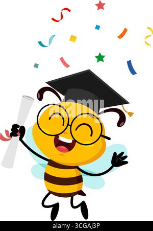 Graduate School Bee Cartoon Character Holding Certificate Jumping. Vector Illustration Flat Design Isolated On Transparent Background Stock Vector
