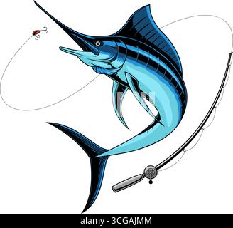 Blue Marlin Fish Fishing Graphic Logo Design. Vector Hand Drawn Illustration Isolated On Transparent Background Stock Vector