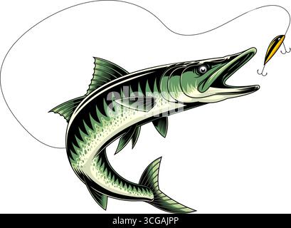 Barracuda Fish Catching The Fishing Lure Graphic Design. Vector Hand Drawn Illustration Isolated On Transparent Background Stock Vector