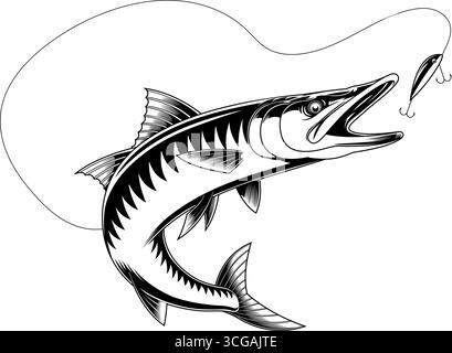 Outlined Barracuda Fish Catching The Fishing Lure Graphic Design. Vector Hand Drawn Illustration Isolated On Transparent Background Stock Vector