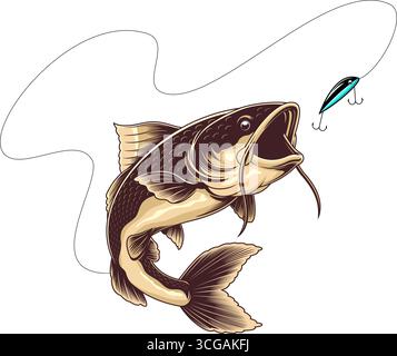 Catfish Catching The Fishing Lure Graphic Design. Vector Hand Drawn Illustration Isolated On Transparent Background Stock Vector