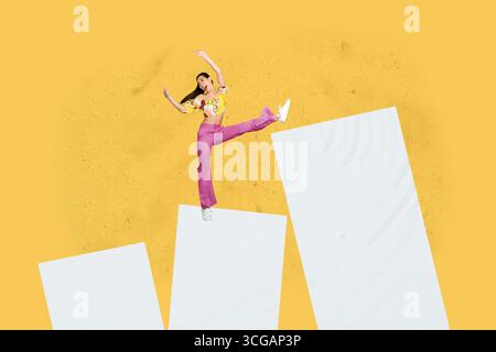 Poster trend collage of person stand dance up on columns over yellow background Stock Photo
