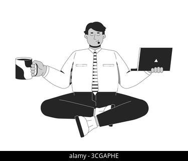 Crossed legged arab businessman meditating with coffee and laptop 2D line character Stock Vector