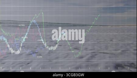 Displaying grid overlay with colored line and candlestick charts on beach shoreline, finance Stock Photo