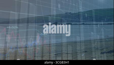 Financial chart overlay displaying bar, candlestick  and  line graphs on beach, with grid, % labels Stock Photo
