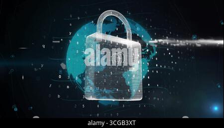 Hovering 3D padlock illustrating security in virtual network, with rotating globe and floating code Stock Photo