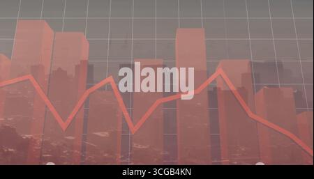 Displaying transparent red bars fluctuating over grid overlay in city skyline, with red line graph Stock Photo