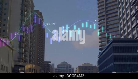 Displaying translucent candlesticks and glowing graph overlay with numeric labels over urban canyon Stock Photo