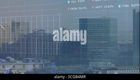 Displaying translucent financial chart over downtown skyline, with line graphs and ticker labels Stock Photo