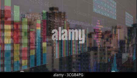Displaying translucent overlay floating over city skyline with bar, line and histogram charts Stock Photo