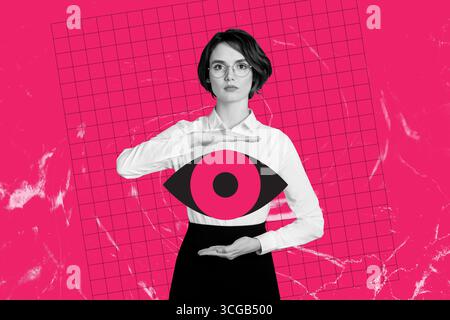 Trend artwork poster composite sketch image collage of young businesswoman hand hold between eyes eyesight optical vision control focus Stock Photo