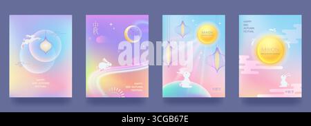Mid-Autumn Festival greeting card set background, banner, greeting card, poster with full moon, stars, cute rabbits and lanterns in trendy gradient st Stock Vector