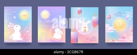 Mid-Autumn Festival greeting card set background, banner, greeting card, poster with full moon, stars, cute rabbits and lanterns in trendy gradient st Stock Vector