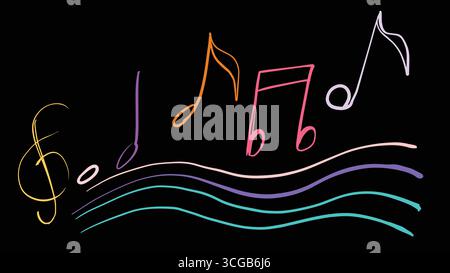 Abstract musical background with colorful notes and flowing lines on black. Playful vector design full of rhythm and creativity. Stock Vector