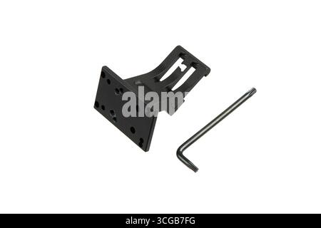A black firearm optic mount and an L-shaped torx wrench are shown together on a clean white background. Stock Photo