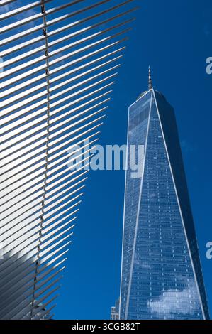 One World Trade Center building and roof of the Trade Center terminal Stock Photo