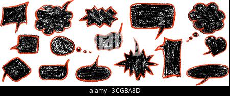Black squiggle speech bubble and cloud shapes with red outline in charcoal texture. Blackboard vector with quirky, wax-style drawings perfect for fun Stock Vector