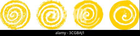 Set of yellow sun circles. Collection of round spiral designs elements for school children or kindergarten kids. Creative grungy paintbrush doodles Stock Vector