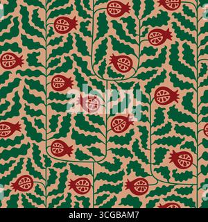 Abstract green leaves botanical pomegranate foliage vector seamless pattern. Minimalist fruits and seeds on beige background for paper design, textile Stock Vector