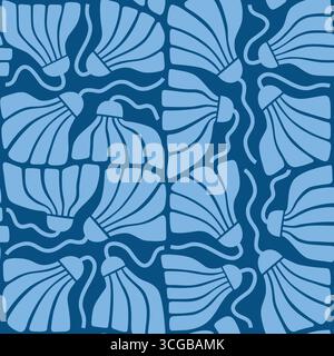 Bold abstract flowers, minimal poster. Organic doodle shapes in trendy naive retro style. Contemporary botanical blue color vector seamless tile Stock Vector