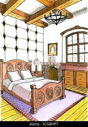 This colorful vector illustration depicts a cozy vintage bedroom featuring a wooden bed with ornate carvings, white bedding, bedside lamp, stone firep Stock Vector