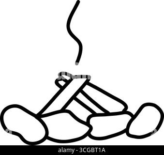 Camp fire place smoking and steaming. Hand drawn line doodle icon for camping or picnic cooking theme. Stock Vector