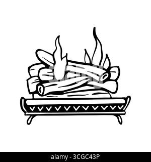 Fireplace insert with firewood and fire. Line drawing of open home fireplace. Winter retro interior design element, vector illustration. Editable stroke. Vector monochrome outline illustration. Stock Vector