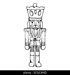 Nutcracker toy, vector outline illustration. Black illustration isolated on white background. Hand drawn monochrome vintage toy. Fairy tale character. Vector illustration Stock Vector