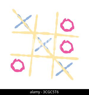 Hand drawn tic tac toe game with colorful childlike brush strokes on isolated white background vector illustration Stock Vector