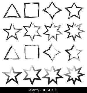 Hand drawn star icons. Sketchy shape set. Grunge style symbol. Vector isolated illustration. Stock Vector