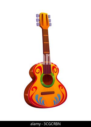 Brazil carnival party acoustic guitar. Cartoon vector stringed musical instrument with a warm wooden texture, red and blue ornamental patterns, traditional guitarron for Latin American flamenco music Stock Vector