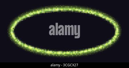 Golden halftone frames, glowing circle borders, round pattern with dots, radial disco luxury design element. Stock Vector