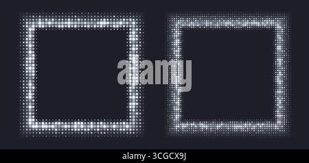 Silver halftone frames, glowing square borders, pattern with dots, radial disco luxury design element. Stock Vector