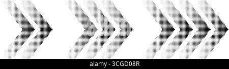 Halftone arrows, graphic pointers set, dynamic symbols with speed effect. Stock Vector