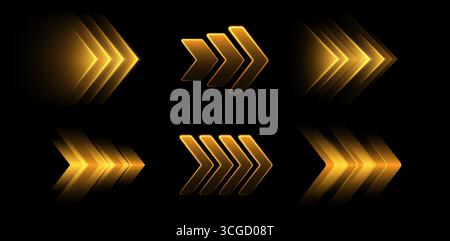 Glowing golden arrows, dynamic glowing pointers, fast motion concept. Stock Vector