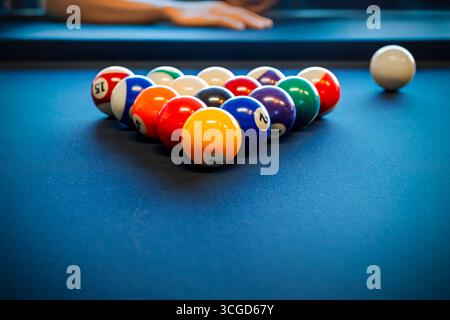 Billiard balls are racked in the starting setup for a game on a blue slate top pool table. Stock Photo