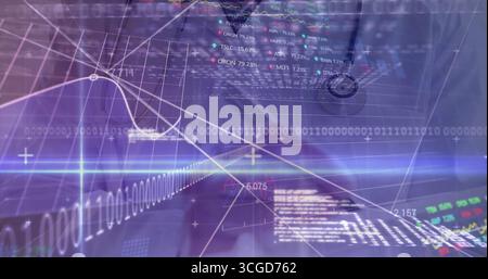 Displaying analytics interface overlaying computer screen, with binary streams and ticker symbols Stock Photo