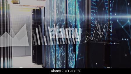 Displaying server cabinets running blue LEDs in data center aisle, with chart overlays, yellow rail Stock Photo