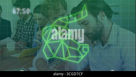 Collaborating colleagues using laptops at conference table with neon rhino overlay value 67 Stock Photo