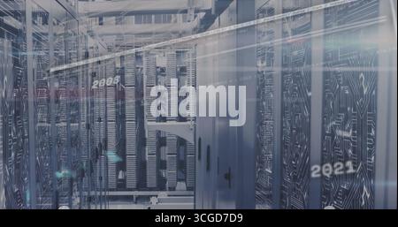 Displaying digital overlays floating above aisle in data center, with server racks and cable trays Stock Photo