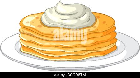 Vector illustration of golden Russian blini pancakes with sour cream on a white plate, isolated. Stock Vector