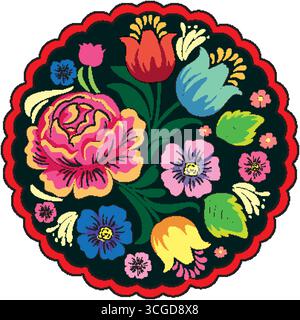 Bright folk-style flowers in a circular vector design with bold outlines and scalloped red border. Stock Vector