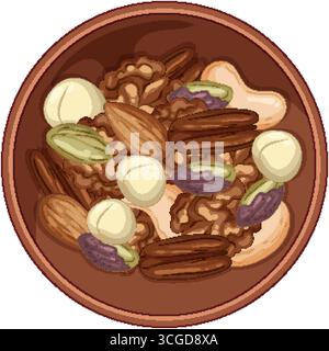 Top-down vector of assorted mixed nuts in a round wooden bowl, flat design, warm colors. Stock Vector