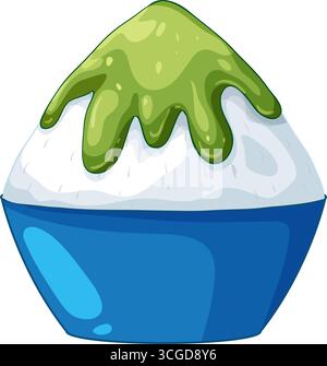 Vector illustration of Japanese shaved ice dessert topped with green matcha syrup in blue bowl Stock Vector