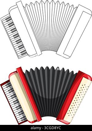 Vector illustration of red piano accordion, top view, with colored and outline versions, realistic shading. Stock Vector